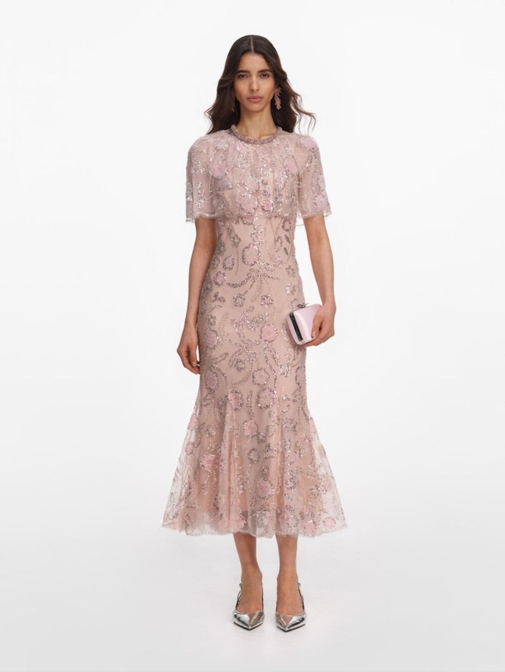 Self-Portrait Pink Embellished Cape Midi Dress